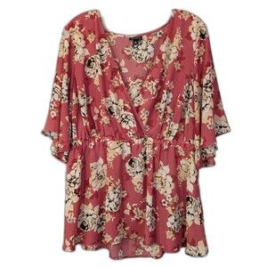 Torrid Womens LARGE Faux Wrap Blouse Pink Chiffon Floral Drapey Cottagecore Boho